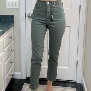 Express Super High Waisted Green Raw Hem Slim Jeans